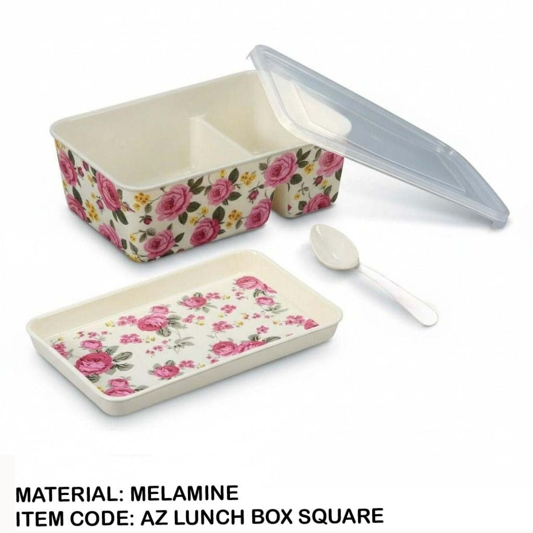 Square Shaped Melamine Printed Lunch Box With Spoon (4) Square Shaped Melamine Printed Lunch Box With Spoon