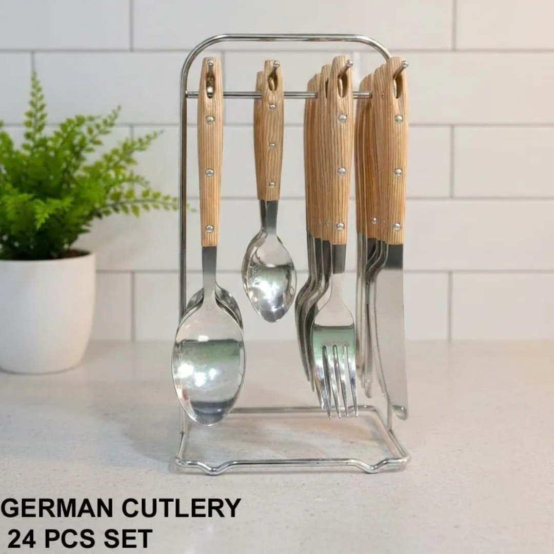 24 Piece German Cutlery Set With Stand 24 Piece Stainless Steel German Cutlery Set With Stand