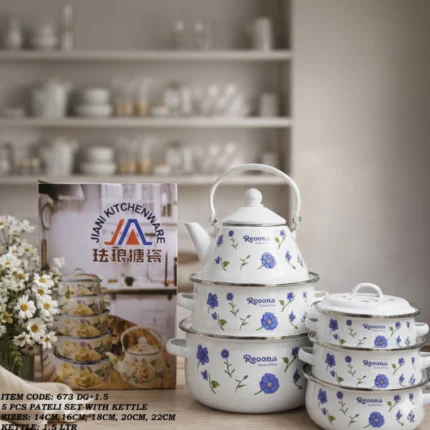 Reoona Enamel 5 Piece Pateli Set With Kettle