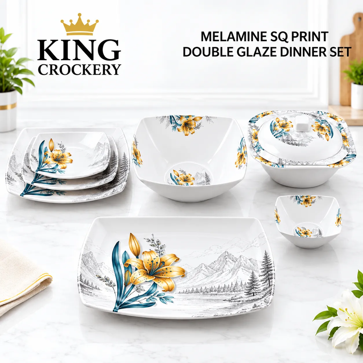 Elegant Floral Melamine Dinner Set Square Printed Melamine Double Glaze Dinner Set - Image 1
