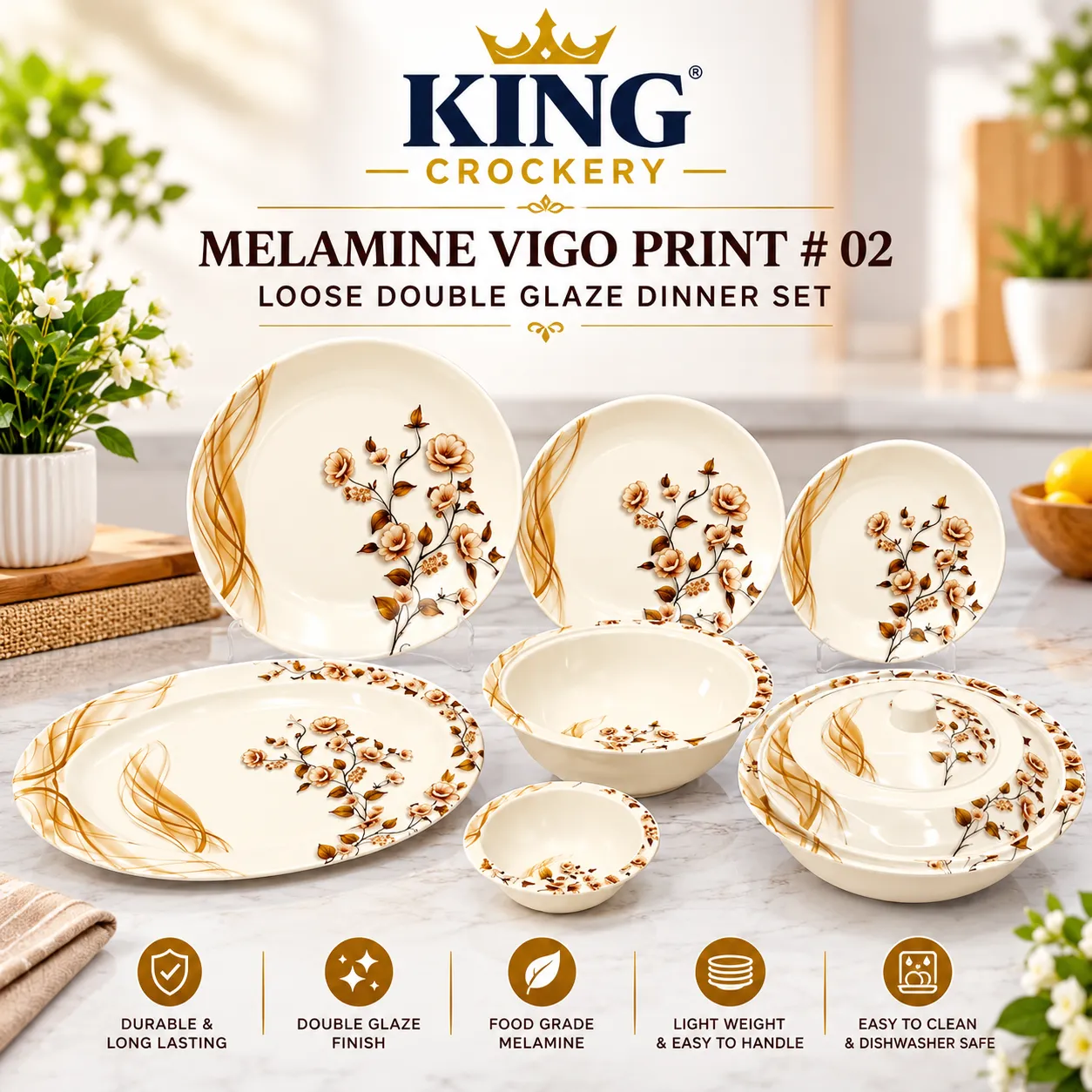 Elegant Ivory Floral Melamine Dinner Set